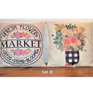 NEW - Set of 2 - Farmhouse Floral Buffalo Plaid Pillow Covers 18x18